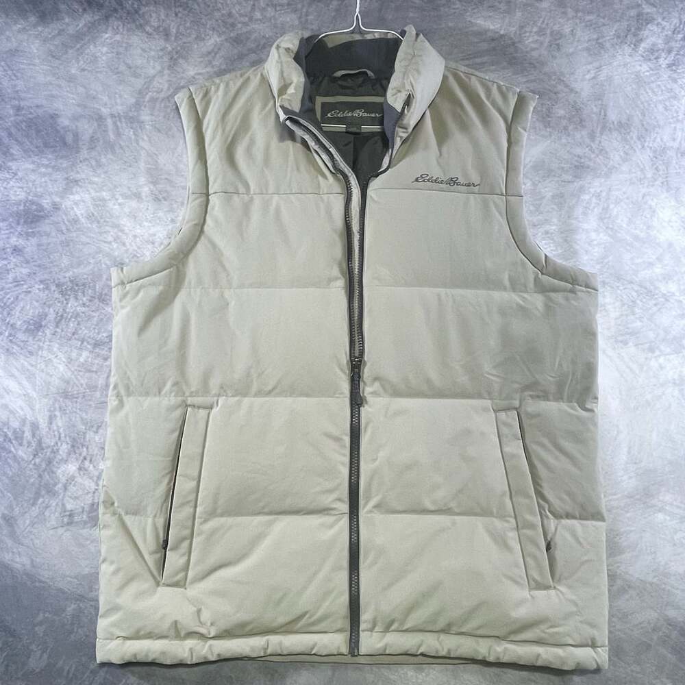 Eddie Bauer Down Puffer Vest Tan Khaki Full Zip Mens Large EB 550 Down
